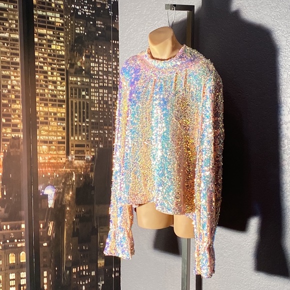 FREE PEOPLE - blouse: l/s w translucent sequins, lined, cowl draped rear - XL - Picture 5 of 16